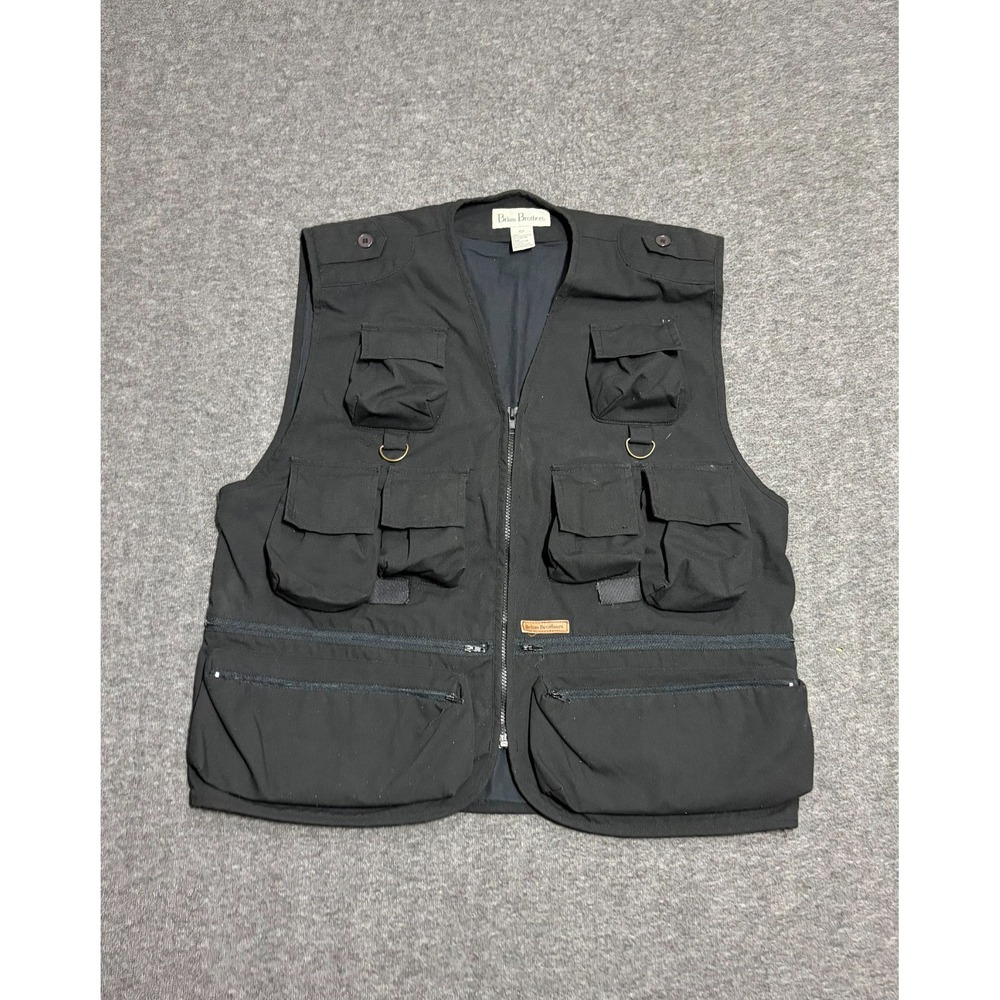 VTG Brian Brothers Utility Vest Mens L Black Graphic Back Multi-Pocket Full Zip